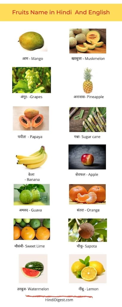 100 Fruits Name In Hindi And English फलों के नाम हिंदी व् अंग्रेजी में Hindi Digest 